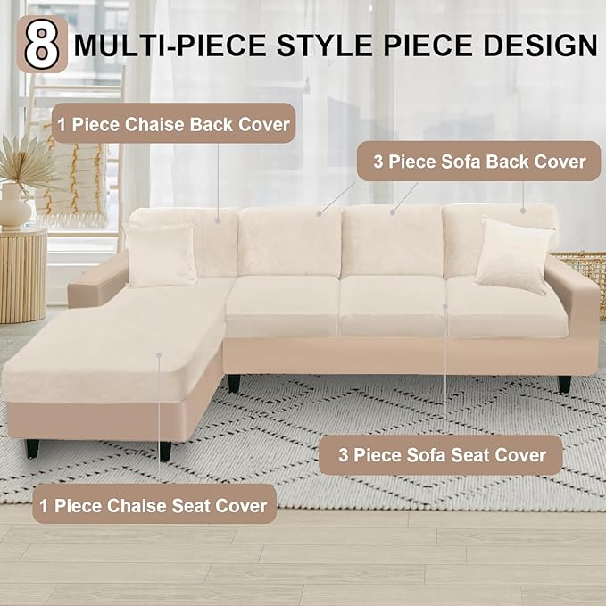 NAISI Sectional Couch Covers 8 Pieces Velvet Couch Cushion Covers L Shape Soft Stretch Sofa Slipcovers with 2pcs Pillowcases for Left/Right Chaise Sectional Couch(3 Seater+1 Chaise+4 Back,Beige)