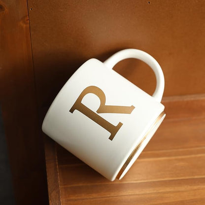 COLLECTIVE HOME - Monogram Ceramic Mugs, 15 oz Golden Initial Coffee Cups, Elegant Alphabet Tea Mugs, Elegant Personalized Mug with Gift Box, Unique Mug with Double Side Capital Letter (R)