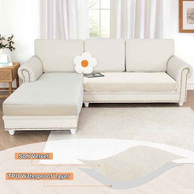 NAISI Waterproof Couch Cushion Covers Thick Velvet Fabric Washable Sofa Slipcovers 1 Piece Individual Sectional Couch Covers with Elastic Bottom(1 PC for 2-Seat Cushion or Loveseat,Ivory White)
