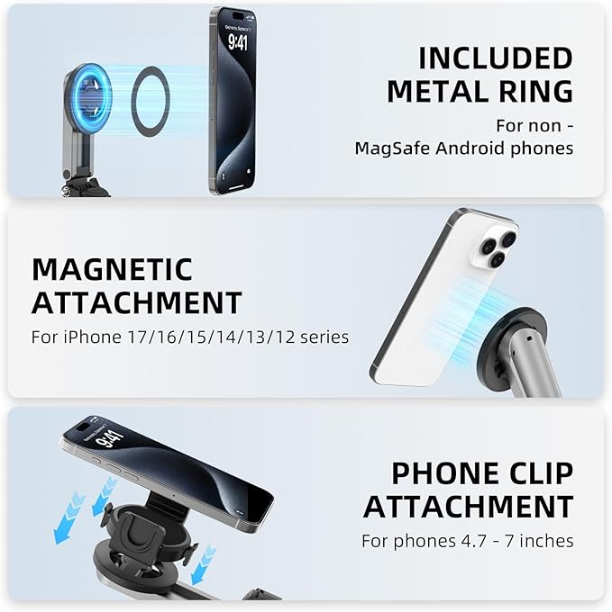 Magnetic Selfie Stick Mini Tripod for iPhone, Portable Pocket 4-in-1 Multifunctional 360° Rotation Phone Handle Grip Stand with Detachable Remote/Clip/Metal Ring for MagSafe/Android【4 Legs】