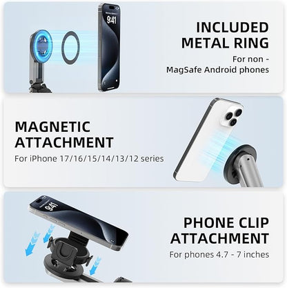 Magnetic Selfie Stick Mini Tripod for iPhone, Portable Pocket 4-in-1 Multifunctional 360° Rotation Phone Handle Grip Stand with Detachable Remote/Clip/Metal Ring for MagSafe/Android【4 Legs】