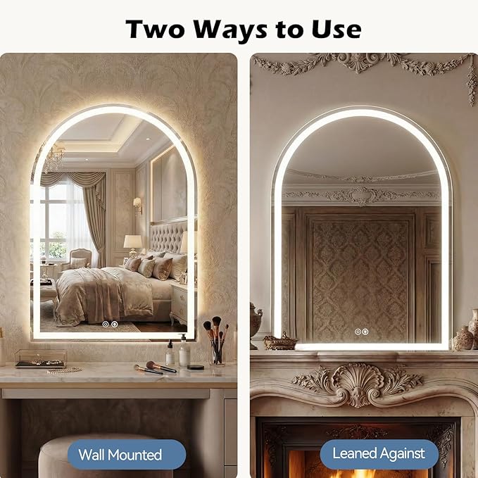 Sweetcrispy 24"×32" LED Bathroom Mirror with Lights, Arched Vanity Mirror with Anti-Fog, Dimmable, 3-Color Light, Memory Function, Tempered Glass