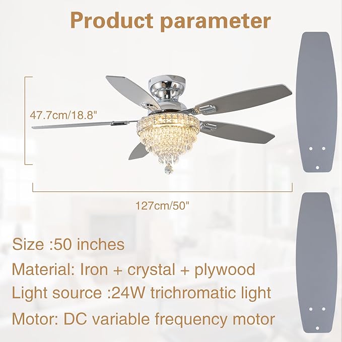 Crystal Ceiling Fan Fandelier with Lights-Ceiling Fans,50" Low Profile and Remote Control, Flush Mount, Reversible, Dimmable, Noiseless,Ceiling Fan for Bedroom（Chrome）