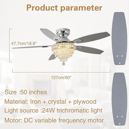 Crystal Ceiling Fan Fandelier with Lights-Ceiling Fans,50" Low Profile and Remote Control, Flush Mount, Reversible, Dimmable, Noiseless,Ceiling Fan for Bedroom（Chrome）