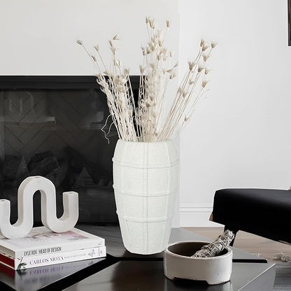 Briful Rustic Terracotta Flower Vase for Home Decor 12" White Farmhouse Textured Barrel-Style Ceramic Vase Vintage Handcrafted Gridded Design for Faux & Dried Flowers Living Room Table Centerpiece