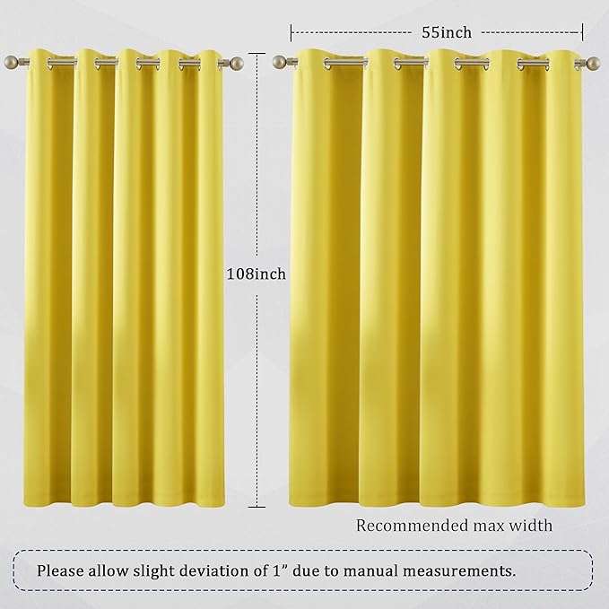 DUALIFE 108 Inch Length Yellow Curtain Drapes for Living Room Room Darkening Bedroom Curtains Thermal Insulated Grommet Top (60 by 108 inch Length, 2 Panels)