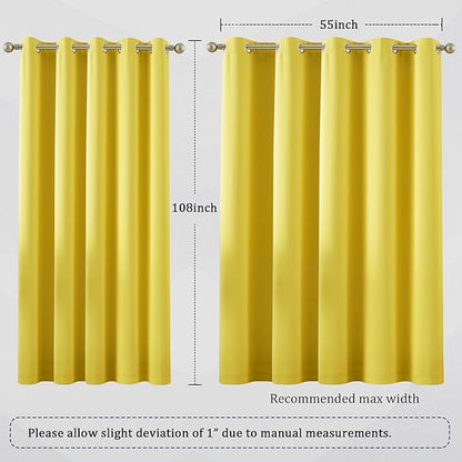DUALIFE 108 Inch Length Yellow Curtain Drapes for Living Room Room Darkening Bedroom Curtains Thermal Insulated Grommet Top (60 by 108 inch Length, 2 Panels)