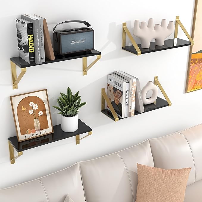 Gold Black Floating Shelves Wall Mounted Set of 2, 8mm Transparent Acrylic, Invisible Wall Shelves for Bedroom, Living Room, Bathroom, Kitchen, Office Display Decor (13in)