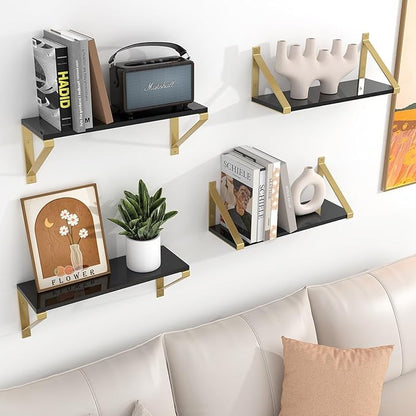 Gold Black Floating Shelves Wall Mounted Set of 2, 8mm Transparent Acrylic, Invisible Wall Shelves for Bedroom, Living Room, Bathroom, Kitchen, Office Display Decor (13in)