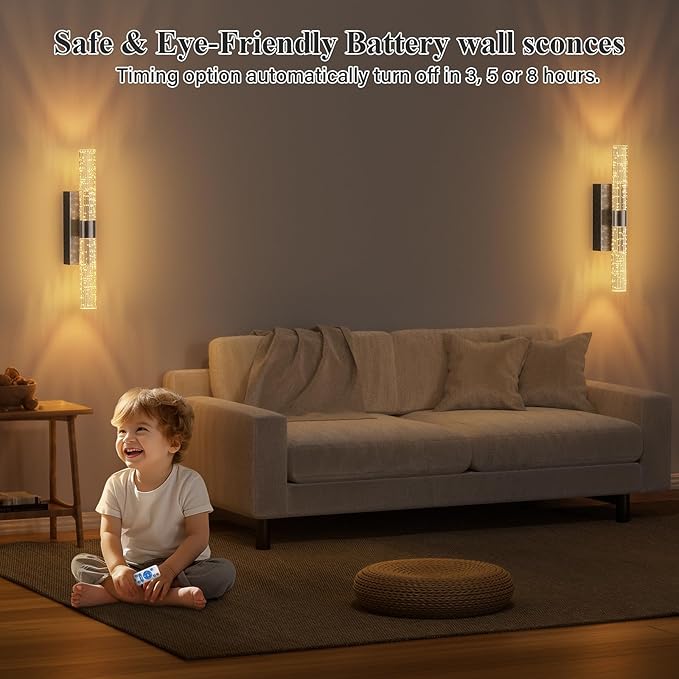camuucci Battery Operated Black Wall Sconces Set of 2 Rechargeable Battery Powered Wall Light with 18000mAh Indoor Not Hardwired Dimmable Wall Lamp Fixtures for Bedroom Living Room 15.3 Inches