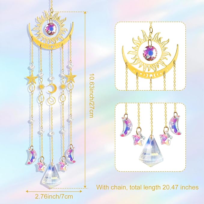 Crystal Suncatcher, Sun and Moon Suncatcher for Windows Hanging Indoor Outdoor, Prisms Rainbow Maker Home Garden Backyard Room Decor for Valentines's Mother's Day Birthday Housewarming Gift