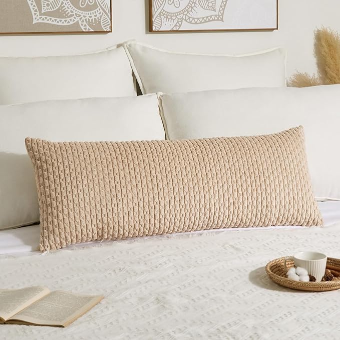 Kevin Textile 14x36 Inch Long Lumbar 1 Pack Boho Decorative Throw Pillow Cover Soft Striped Corduroy Rectangle Cushion Case Farmhouse Solid Color Accent for Living Room Couch Sofa Bed, Beige