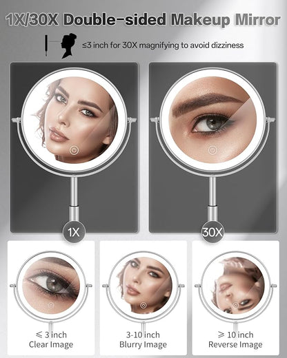 VFD 30X/1X Makeup Mirror with Lights, Height Adjustable Lighted Magnifying Vanity Mirror with 3 Lighting and Adjustable Brightness, 3000mAh Rechargeable Double Sided Switch for Desk Women Gift