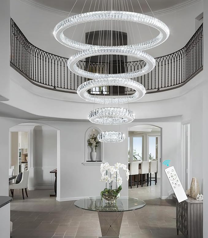 Modern Chandelier 8"+16"+24"+32"+40" 5 Rings Crystal LED Dimmable Lighting Foyer Entryway High Ceiling Living Room Chanderliers Pendant Lights Fixtures Silver Light