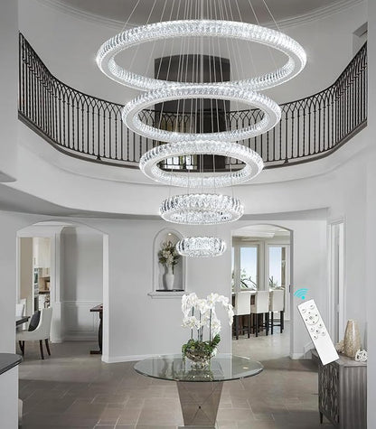 Modern Chandelier 8"+16"+24"+32"+40" 5 Rings Crystal LED Dimmable Lighting Foyer Entryway High Ceiling Living Room Chanderliers Pendant Lights Fixtures Silver Light
