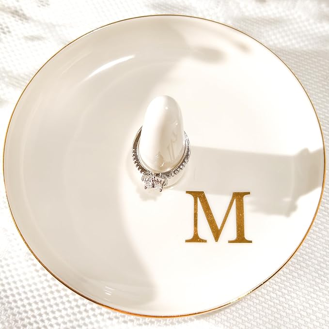 Ceramic Initials Jewelry Tray Ring Dish With Personalized M-Monogrammed Engagement Wedding Gifts, for Birthday Mother's Day for Women, Ceramic White 4.7" x2.4"