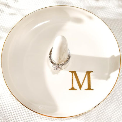 Ceramic Initials Jewelry Tray Ring Dish With Personalized M-Monogrammed Engagement Wedding Gifts, for Birthday Mother's Day for Women, Ceramic White 4.7" x2.4"