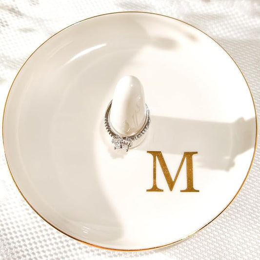 Ceramic Initials Jewelry Tray Ring Dish With Personalized M-Monogrammed Engagement Wedding Gifts, for Birthday Mother's Day for Women, Ceramic White 4.7" x2.4"