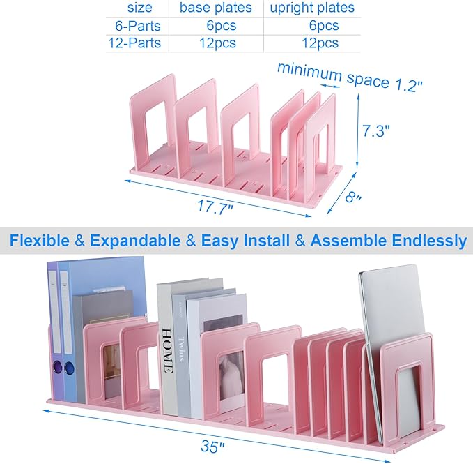 Adjustable Vertical File Sorter Sturdy Plastic Expandable Upright File Holder, Desktop Binder Organizer, School Office Organization Bookshelf Divider, Assemble Easily Endlessly, Pink