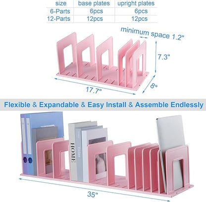 Adjustable Vertical File Sorter Sturdy Plastic Expandable Upright File Holder, Desktop Binder Organizer, School Office Organization Bookshelf Divider, Assemble Easily Endlessly, Pink
