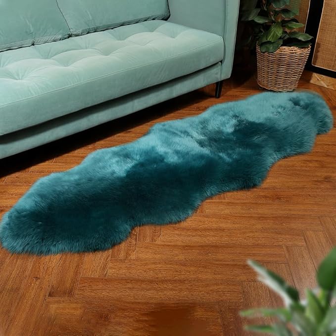 Premium Genuine Fur Sheepskin Rug Real Australia Sheepskin Natural Luxury Fluffy Lambskin Fur Area Rug Seat Covers for Kids Bedroom Sofa Chair Cover (Dark Aquamarine, Double Pelt/2ft x 6ft)