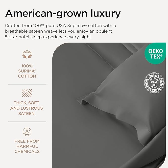 Threadmill Luxury 100% Supima Cotton Sheets, Luxury 1200 Thread Count Cotton Sheets for Queen Size Bed, 4 Pc Dark Grey Bed Sheets Queen Set, 5-Star Hotel Quality Elasticized Deep Pocket Bed Sheets Set
