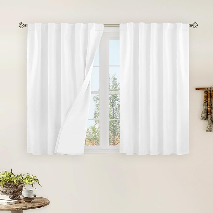 LAMIT 100% Blackout White Linen Curtains, 40 Inches Linen Textured Thermal Bedroom Curtains Back Tab and Rod Pocket Neutral Panels with White Liner for Farmhouse, 2 Panels, 42 x 40 Inch