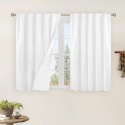 LAMIT 100% Blackout White Linen Curtains, 40 Inches Linen Textured Thermal Bedroom Curtains Back Tab and Rod Pocket Neutral Panels with White Liner for Farmhouse, 2 Panels, 42 x 40 Inch