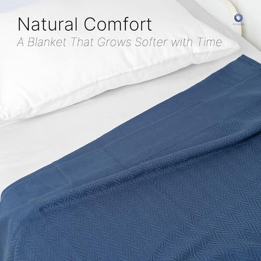 100% Cotton Herringbone Weave Blankets, 90"X90" Queen, Throw Blanket for Bed,All Season Cotton Blanket, Cozy Blanket,Throws Bed Blanket, Throw Blanket for Couch,Modern Home Decor -Navy Blue