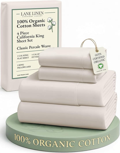 LANE LINEN 100% Organic Cotton California King Sheets Set, 4-Piece Pure Organic Cotton Long Staple Percale Weave Soft Best Bedding Sheets for Bed, Fits Mattress Upto 15" Deep - Glacier Grey
