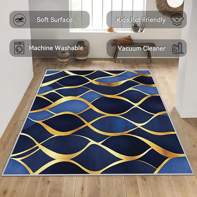 Contemporary Rugs for Bedroom - Abstract Geometric Rug, 6x8 Rug, Navy Blue Gold Area Rug & Room Decor, Modern Carpet & Home Decor, Washable Non Slip Anti Skid Rugs