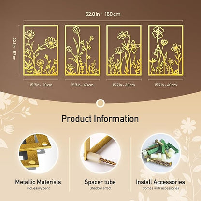 Sokurdeg Gold Metal Flowers Wall Decor, Minimalist Floral Metal Wall Hanging Art for Bedroom Bathroom Living Room (4 Pcs, 15.7 x 22.5 in)