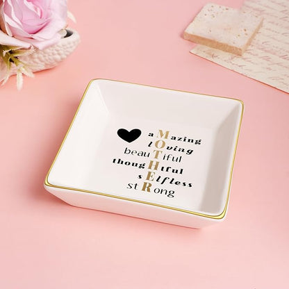 JoycuFF Gifts for Mom Christmas Ceramic Trinket Plate Tray Mother's Day Birthday Gifts for Best Mama from Daughter Son Ring Dish Jewelry