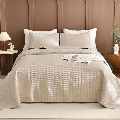 Sanracie Oversized King Quilt Bedspread Sets 120"*120", 100% Cotton Linen Colored Cal King Quilt Bedding Set CircularQuilting Extra Wide Large 3Pcs Coverlet Set for All Season Soft Thin Comforter