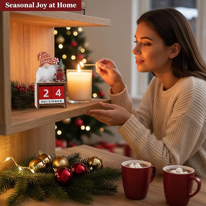 Wooden Christmas Countdown Advent Calendar: Santa Block Calendar with Wood Date - Cute Date Display Blocks Desk Accessory for Home Table Room(Gingerbread Man)