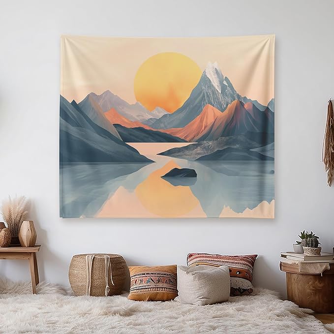 Xolytar Boho Geometric Mountain Tapestry for Nursery & Office – Minimalist Abstract Sunset Wall Art, Mid Century Modern Nature Landscape Wall Hanging for Baby Room, Zoom Background (60x50)