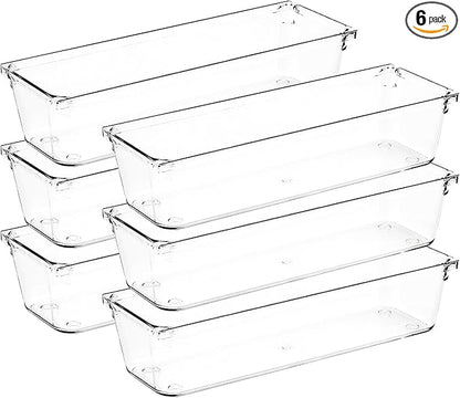 6 Pack Drawer Organizer - 3" X 9" Clear Acrylic Storage Bins with Non-Slip Pads, Versatile Desk Tray for Makeup, Jewelry, Kitchen, Bathroom, and Office Organization