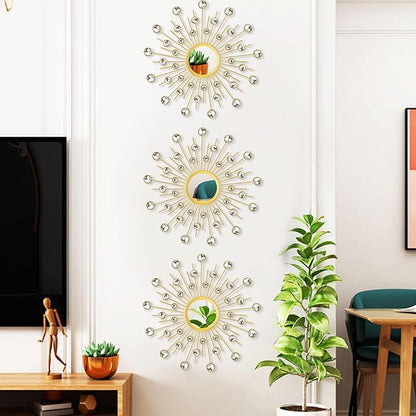 Uaussi 3 Pack Crystal Sunburst Wall Mirror Décor Rhinestone Mirrors Decorative Home Wall Art for Living Room Bedroom Entryway(Crystals Gold)