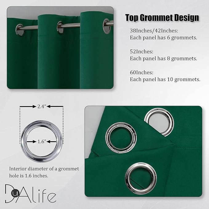 DUALIFE Emerald Green Blackout Curtains with Grommet 45 Inch Length Room Darkening Short Window Curtain Panels for Living Room 52 by 45 Inch 2 Panels Hunter Green