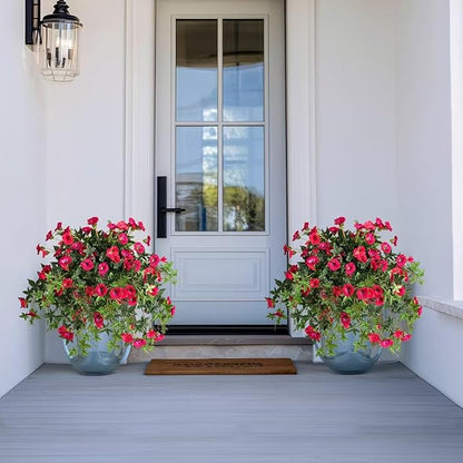 Artificial Flowers Artificial Petunias for Outdoors Artificial Hanging Plants Outdoor Silk Flowers with Stems Outdoor Flowers Uv Resistant for Porch Decor Terrace Decor，Rose Red with Pot 2PCS