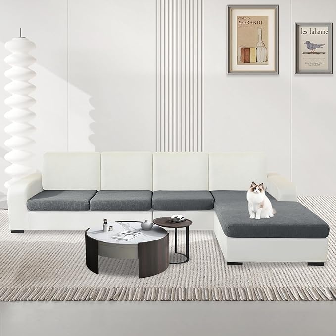 MAXIJIN Waterproof 4 Pieces Couch Cushion Covers for Sectional Sofa Seat Slipcover Stretch Sectional Couch Cover for L Shape Left/Right Chaise with Elastic Bottom (3 Seater + 1 Chaise, Light Gray)