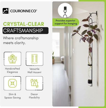 COURONNE CO. Florence Hanging Pendant Tube Vase with Wall Hook, Clear Flower Holder, Glass Vases for Flowers, Wall Plant Hanger for House Vase Decor, 16.’’H, Pack of 2