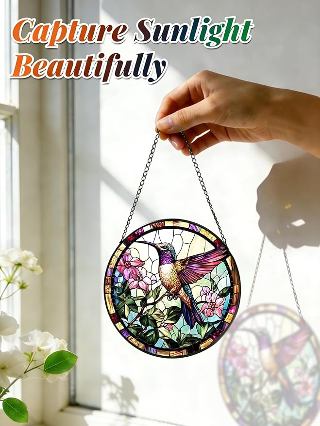 Stained Glass Window Hanging, Hummingbird Suncatcher for Door Home Decor, Birds Flowers Sun Catcher Ornament Mother's Day Birthday Gifts for Bird Lovers Women Men Mom 7.8 in