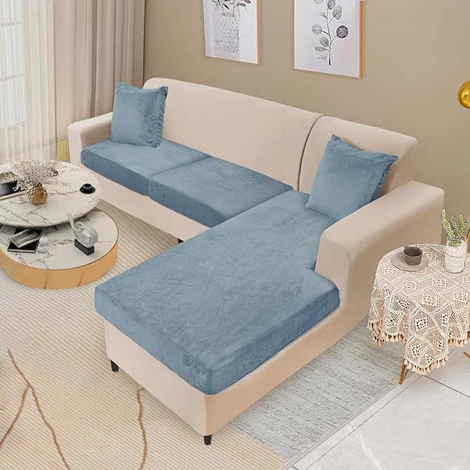 NAISI Sectional Couch Cover 3 Pieces Velvet Separate Couch Cushion Covers L Shape Soft Stretch Sofa Slipcovers with 2pcs Pillowcases for Left/Right Chaise Sectional Couch(2 Seater+1 Chaise,Teal)