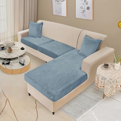 NAISI Sectional Couch Cover 3 Pieces Velvet Separate Couch Cushion Covers L Shape Soft Stretch Sofa Slipcovers with 2pcs Pillowcases for Left/Right Chaise Sectional Couch(2 Seater+1 Chaise,Teal)