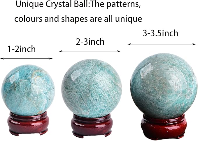 JIC Gem Amazonite Crystal Ball with Wood Stand Gemstone Sphere, Healing Crystal Balls for Reiki Chakra Decoration Fengshui (3-3.5inch)