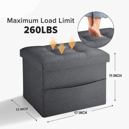 LINMAGCO Storage Ottoman Folding Foot Stool Foot Rest with Side Pocket Modern Ottoman with Storage Short Sofa Stool Linen Cloth 17x13x13(Dark Gray)