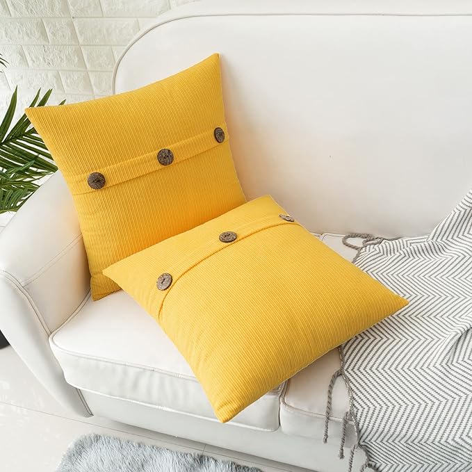 HWY 50 Yellow Chenille Throw Pillow Covers 16x16 Inch with Triple Buttons, Soft Farmhouse Accent Decorative Cushion Cases for Couch Sofa Bed Living Room Pack of 2