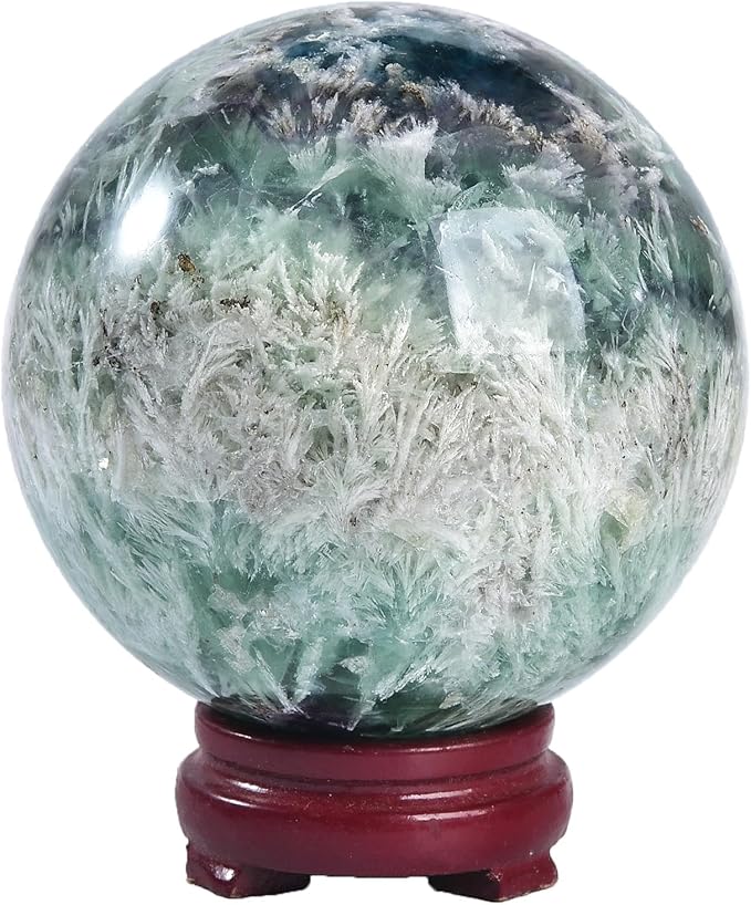 JIC Gem Large Crystal Ball Feather Fluorite Healing Crystals Sphere with Wooden Stand Meditation Home Decor 3.5-4 inch (90-100mm)