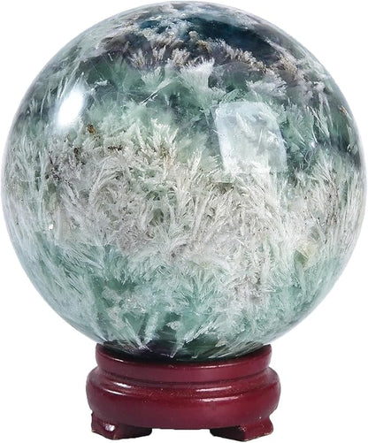 JIC Gem Large Crystal Ball Feather Fluorite Healing Crystals Sphere with Wooden Stand Meditation Home Decor 3.5-4 inch (90-100mm)